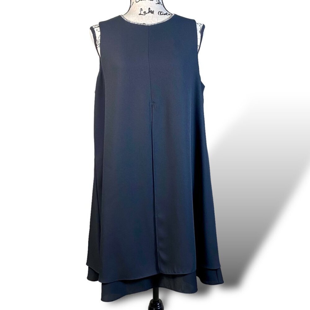 VTG David Rose Midi Dress Womens Sz XL Black Rhinestone Trim Collar Crepe Tent